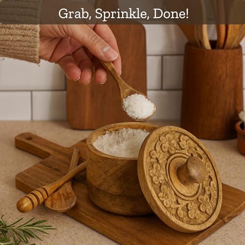 Mie Creations Salt Pepper Pinch Bowls, Vintage Salt Box Cellar with Wooden lid | Wood Spice Keeper for Cooking, Sugar Coffee Storage Container for Kitchen with Tiny Spoon- Christmas Thanksgiving Decor - Image 5