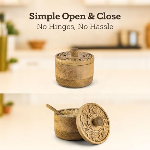 Mie Creations Salt Pepper Pinch Bowls, Vintage Salt Box Cellar with Wooden lid | Wood Spice Keeper for Cooking, Sugar Coffee Storage Container for Kitchen with Tiny Spoon- Christmas Thanksgiving Decor - Image 3