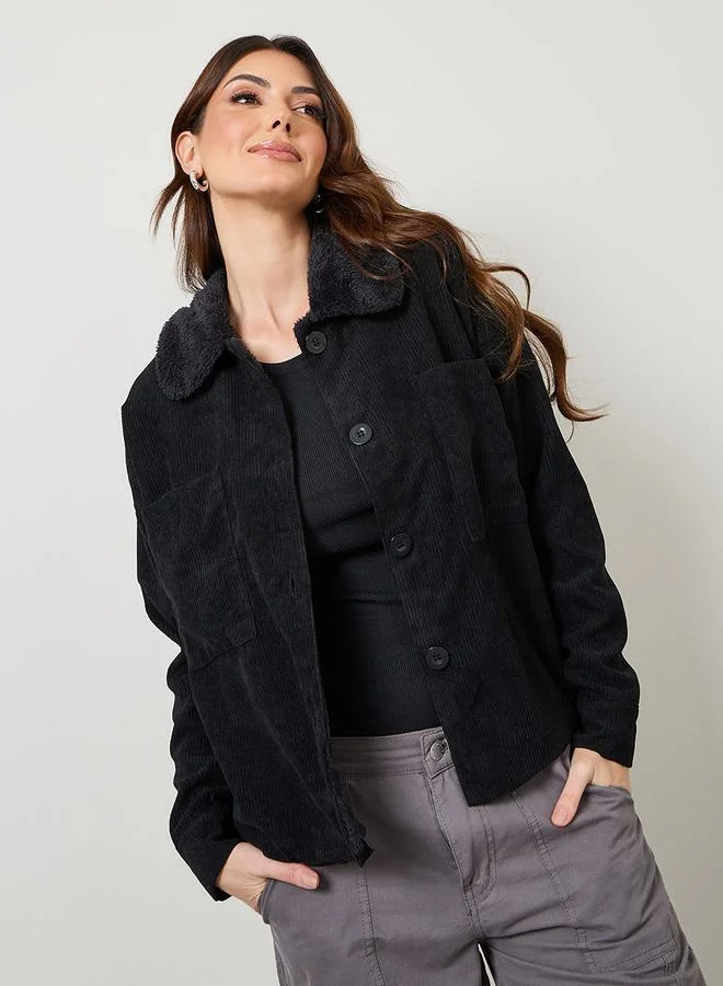 Styli Regular Length Corduroy Jacket with Faux Fur Lining