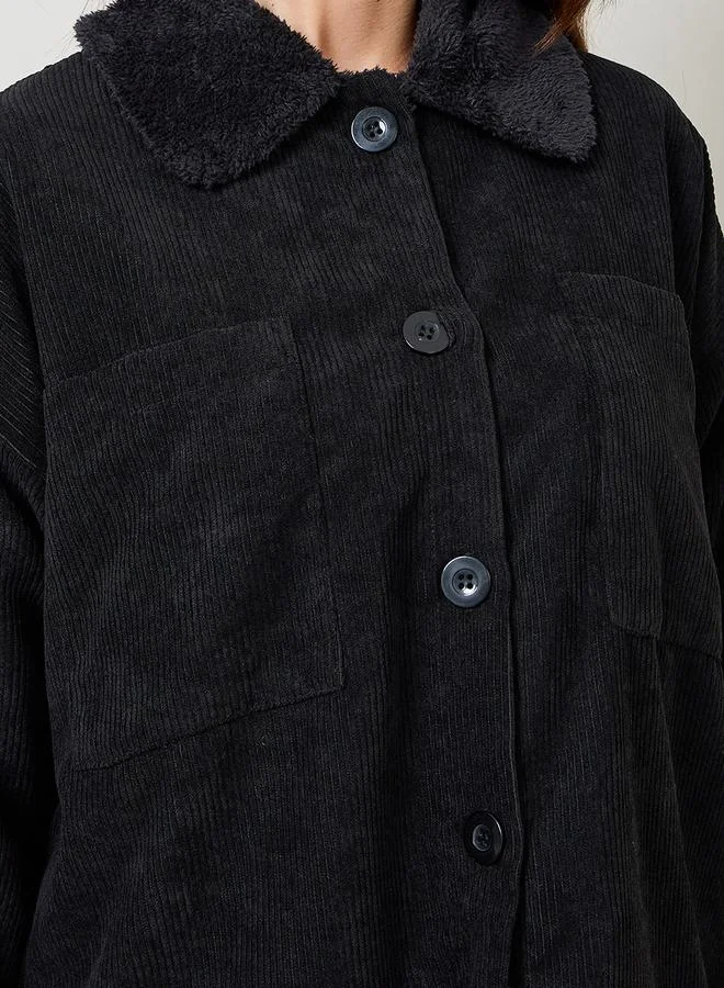 Styli Regular Length Corduroy Jacket with Faux Fur Lining