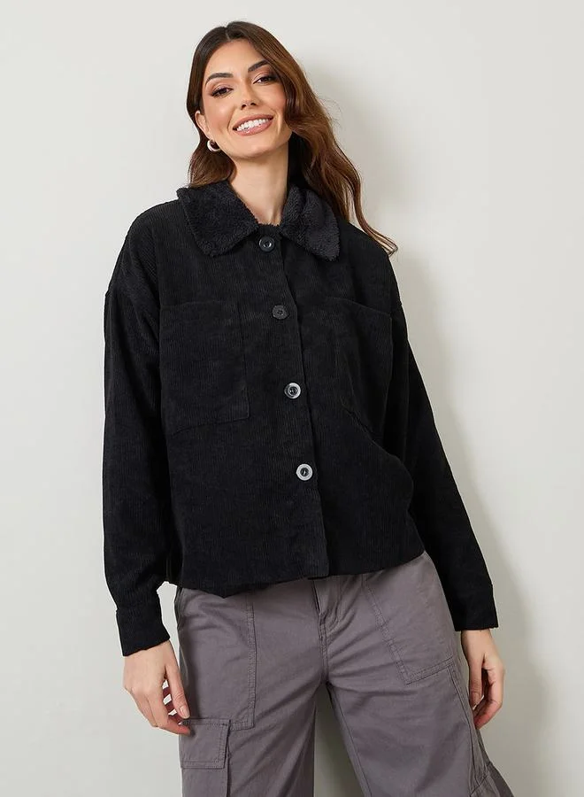 Styli Regular Length Corduroy Jacket with Faux Fur Lining