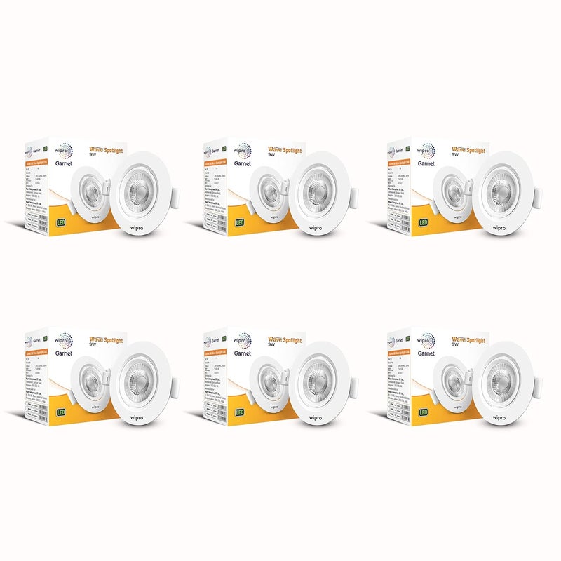 Wipro Garnet 9W Round Led Wave SpotlightCob Spotlight for CeilingCool White Light 6500KAdjustable DesignRecessed Tiltable Downlighter for False CeilingCutout 100 MmPack of 6 - Image 1