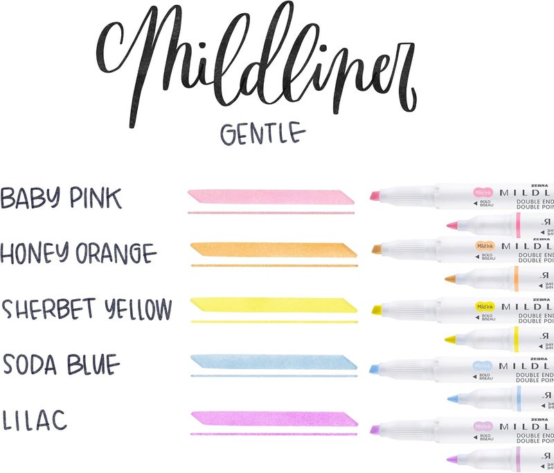 Zebra Pen Mildliner Double Ended Highlighter Set, Chisel And Bullet Point Tips, Assorted Gentle Ink Colors, 5-Pack (78705) - Image 2
