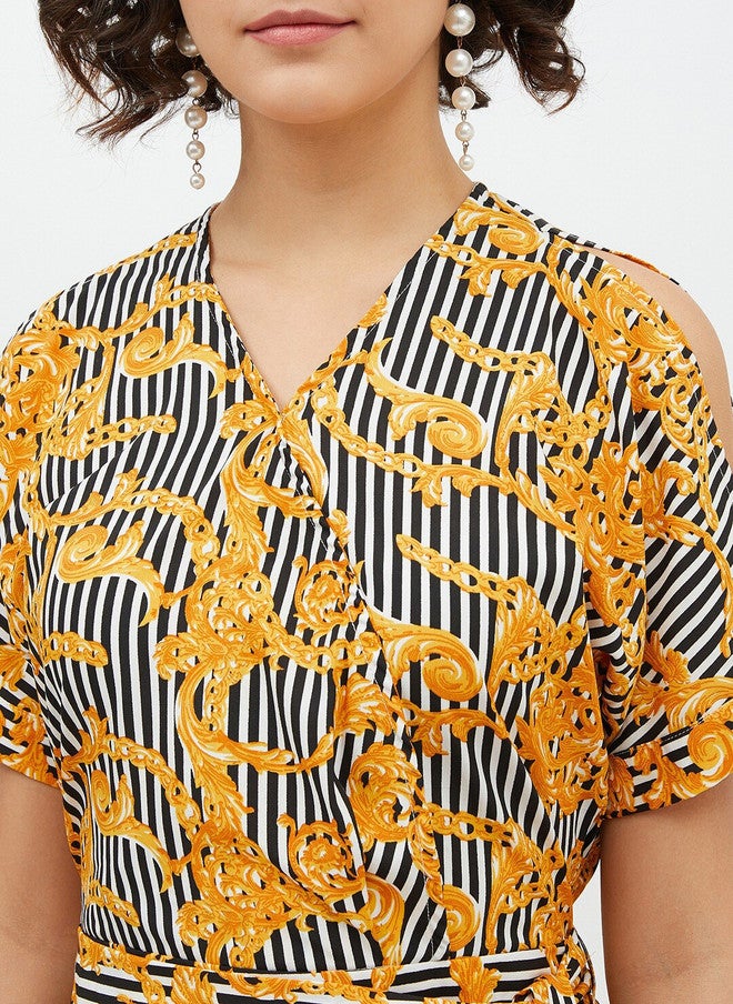 StyleStone جمبسوت أساسي مطبوع بالأصفر والأسود مع ربطات خصر - Image 2