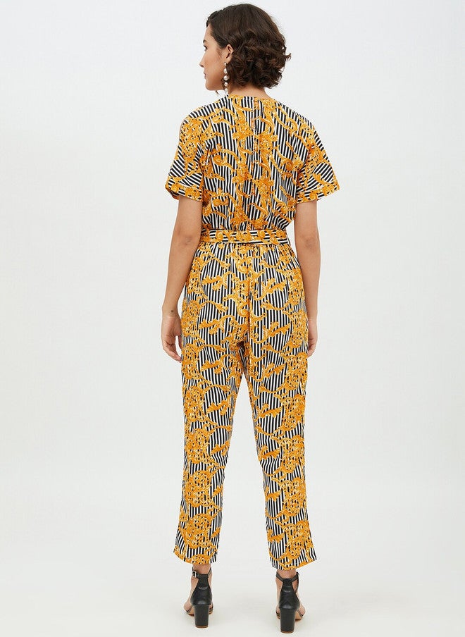 StyleStone جمبسوت أساسي مطبوع بالأصفر والأسود مع ربطات خصر - Image 4