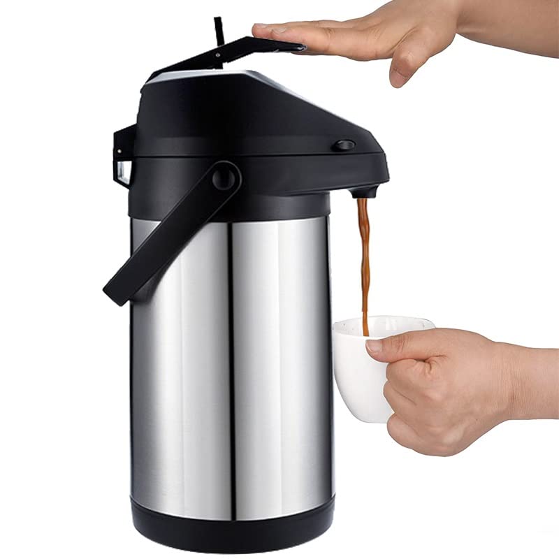 Delavala Airpot Coffee Dispenser (3L) with Pump, Cleaning Brush, and Table Tent Sign - Stainless Steel Insulated Carafe - 24 Hour Heat Retention - 36 Hour Cold Retention - Image 1