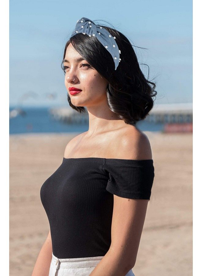YETASI Blue Headband Is Classy. Denim Pearl Knotted Headband For Women Goes With Everything.Comfy Top Knot Headbands For Women . Jean Headband For Women Fashion Gets Compliments.Cute Jean Light Blue Headband - Image 4