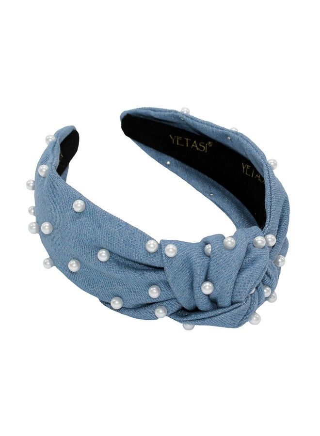 YETASI Blue Headband Is Classy. Denim Pearl Knotted Headband For Women Goes With Everything.Comfy Top Knot Headbands For Women . Jean Headband For Women Fashion Gets Compliments.Cute Jean Light Blue Headband - Image 2
