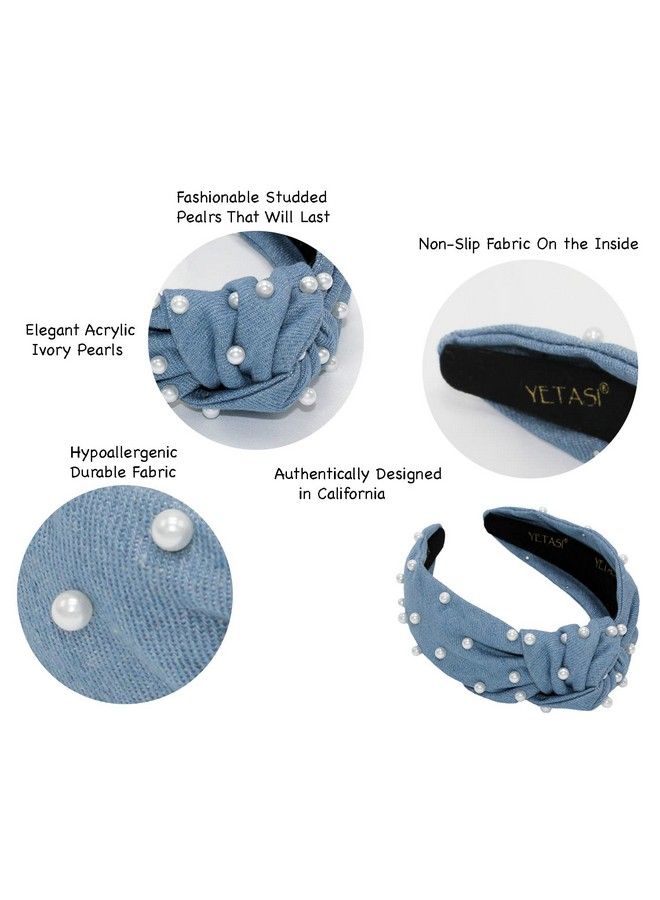 YETASI Blue Headband Is Classy. Denim Pearl Knotted Headband For Women Goes With Everything.Comfy Top Knot Headbands For Women . Jean Headband For Women Fashion Gets Compliments.Cute Jean Light Blue Headband - Image 5
