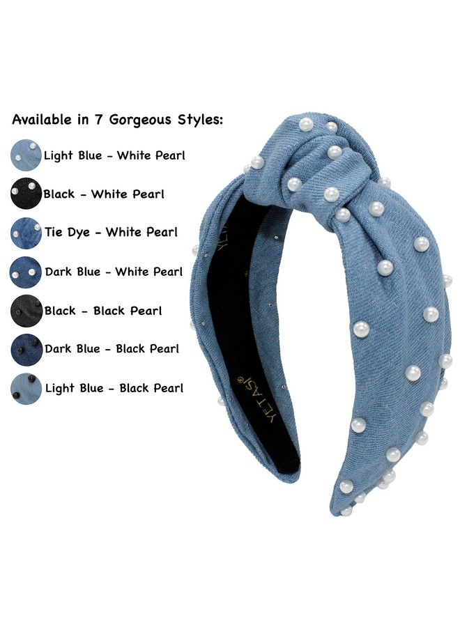 YETASI Blue Headband Is Classy. Denim Pearl Knotted Headband For Women Goes With Everything.Comfy Top Knot Headbands For Women . Jean Headband For Women Fashion Gets Compliments.Cute Jean Light Blue Headband - Image 3