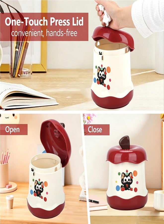 Ismosm Cute Mini Desktop Trash Can - Small Desk Garbage Bin with One-Touch Press Lid - 6.3 Inch Plastic Waste Basket for Home Office, Bedroom, Vanity, Car - Cat Design (Red) - Image 3