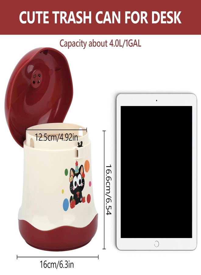 Ismosm Cute Mini Desktop Trash Can - Small Desk Garbage Bin with One-Touch Press Lid - 6.3 Inch Plastic Waste Basket for Home Office, Bedroom, Vanity, Car - Cat Design (Red) - Image 5