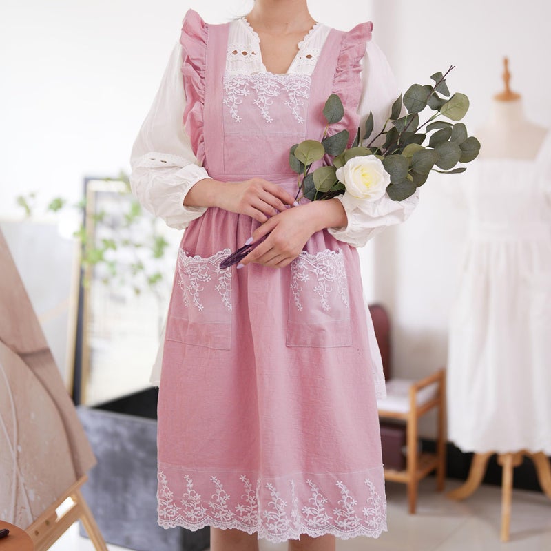 Aoomzoon Vintage Aprons for Woman with Pockets Cute Lace Ruffle Adjustable Apron for Cooking Kitchen Baking Gardening (Pink) - Image 4