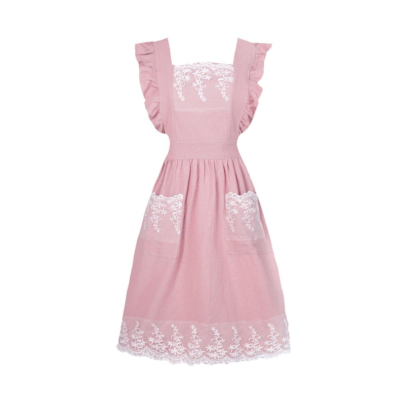 Aoomzoon Vintage Aprons for Woman with Pockets Cute Lace Ruffle Adjustable Apron for Cooking Kitchen Baking Gardening (Pink) - Image 1