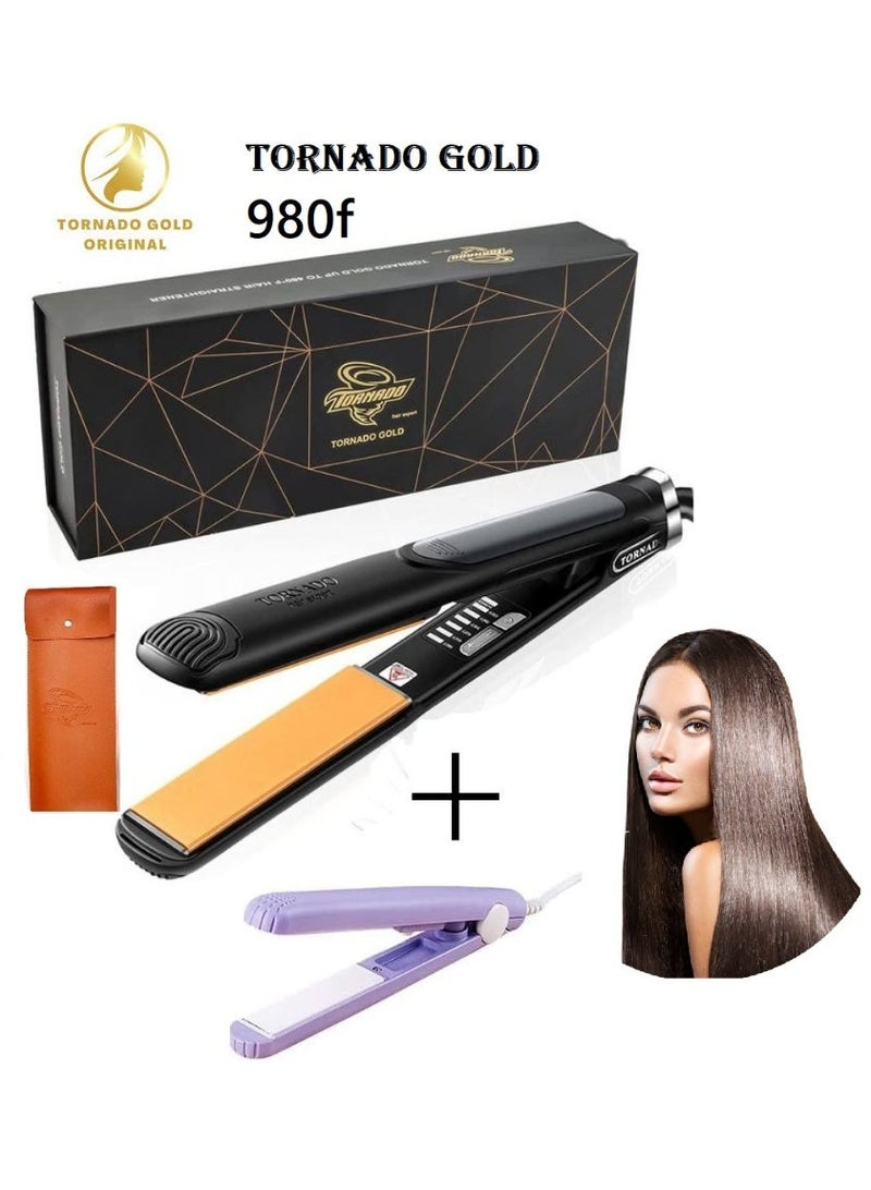 تورنيدو جولد مكواة شعر احترافية تورنيدو جولد حتى 980 فهرنهايت + مكواة فرد شعر ميني هدية - Image 1