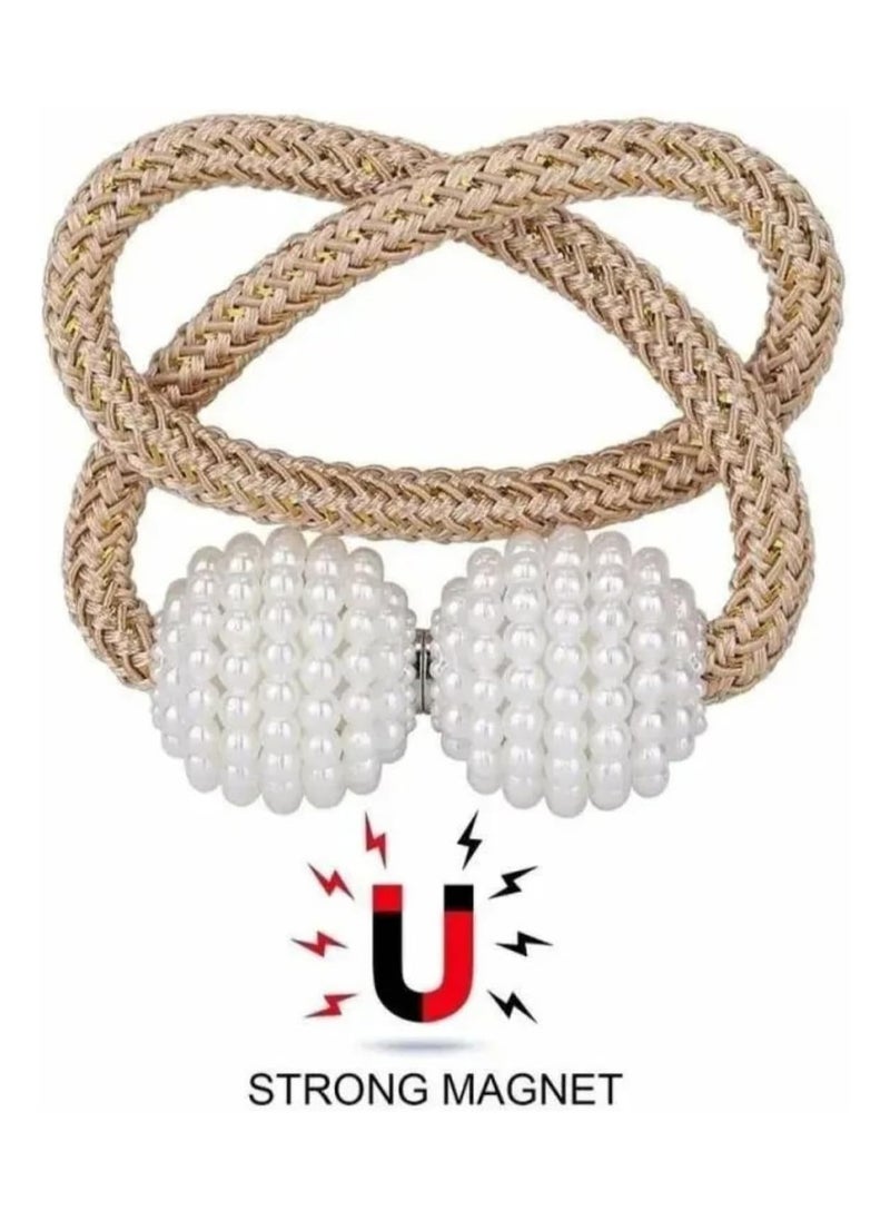 LIMITLESS Magnetic 2 PCS Pearl Curtain Buckle Magnetic European Style Decorative Weave Rope Curtain Rings & Buckles Holder for Window Sheer Blackout Draperies, Braided Straps Ball Buckles (Gold)  - Image 2