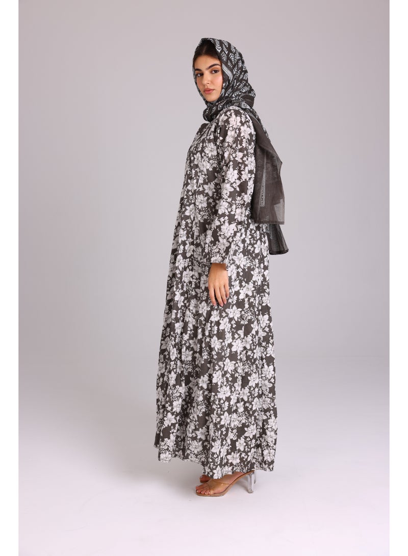 اكسا عباية نقوش جميلة ورود رمادي - Image 3