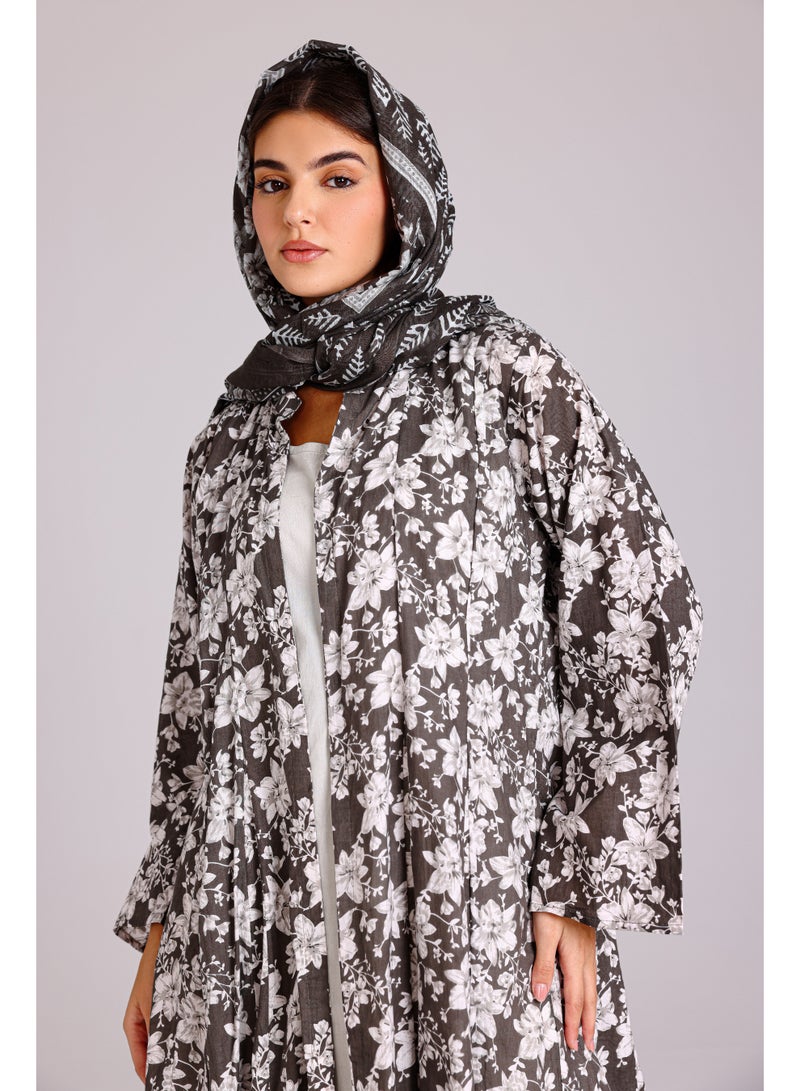 اكسا عباية نقوش جميلة ورود رمادي - Image 2