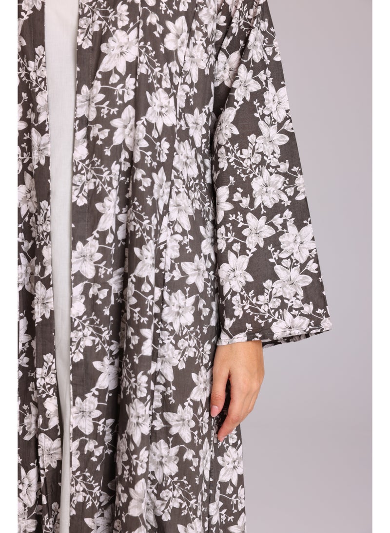 اكسا عباية نقوش جميلة ورود رمادي - Image 5