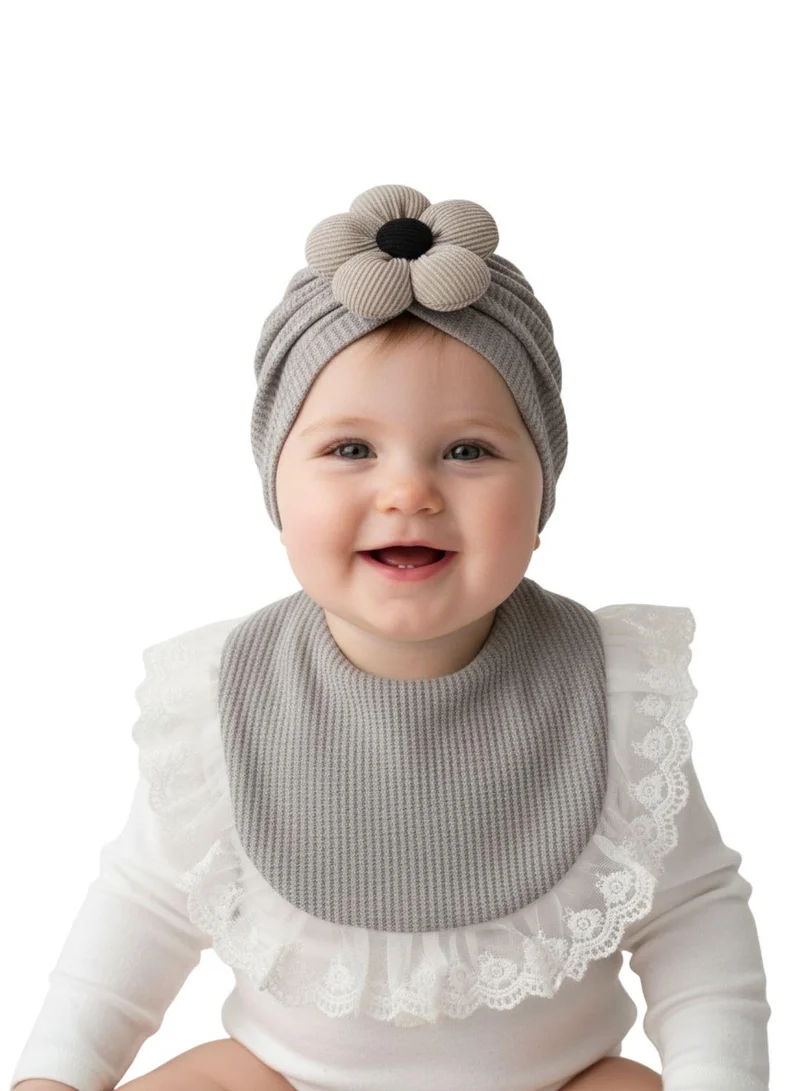 بيبي كلو Floral Grey Baby Bib and Hat Set