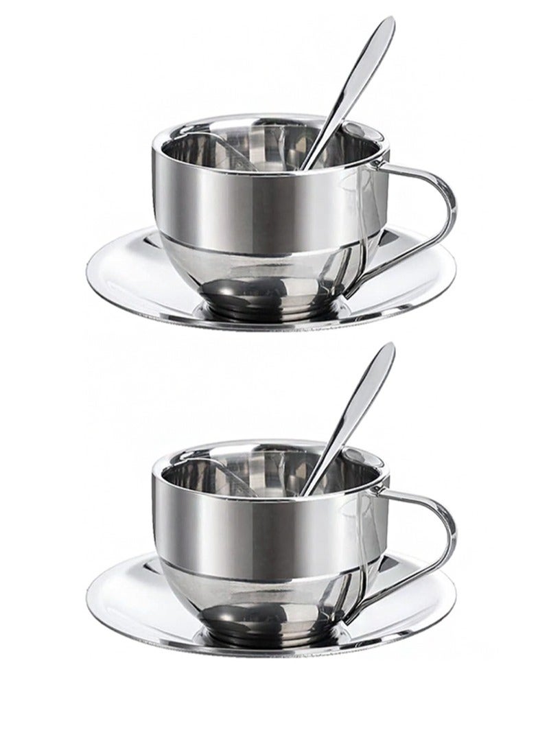 ايكانبو طقم مكون من قطعتين من أكواب القهوة سعة 180 مل، كوب إسبريسو من الفولاذ المقاوم للصدأ مع صحن وملعقة، أكواب قهوة مزدوجة الجدار، أدوات شرب للاتيه والكابتشينو والحليب والشاي - Image 1