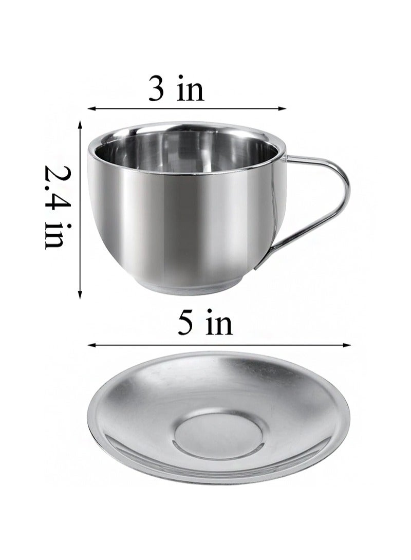 ايكانبو طقم مكون من قطعتين من أكواب القهوة سعة 180 مل، كوب إسبريسو من الفولاذ المقاوم للصدأ مع صحن وملعقة، أكواب قهوة مزدوجة الجدار، أدوات شرب للاتيه والكابتشينو والحليب والشاي - Image 2