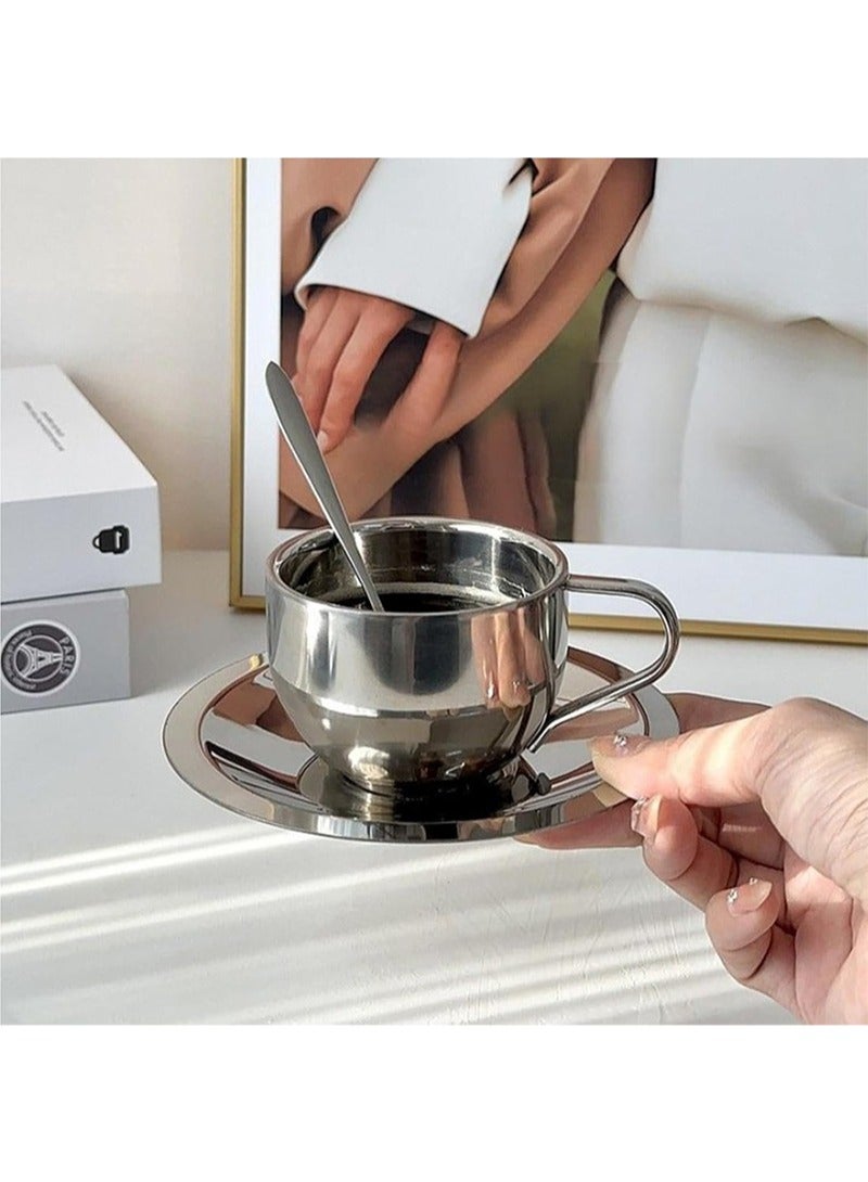 ايكانبو طقم مكون من قطعتين من أكواب القهوة سعة 180 مل، كوب إسبريسو من الفولاذ المقاوم للصدأ مع صحن وملعقة، أكواب قهوة مزدوجة الجدار، أدوات شرب للاتيه والكابتشينو والحليب والشاي - Image 3