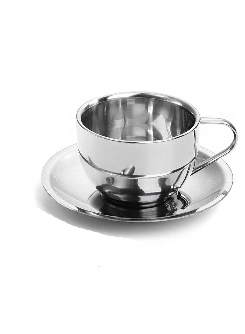 ايكانبو طقم مكون من قطعتين من أكواب القهوة سعة 180 مل، كوب إسبريسو من الفولاذ المقاوم للصدأ مع صحن وملعقة، أكواب قهوة مزدوجة الجدار، أدوات شرب للاتيه والكابتشينو والحليب والشاي - Image 4