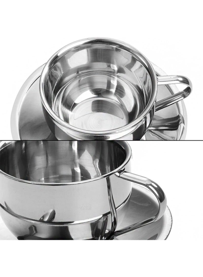 ايكانبو طقم مكون من قطعتين من أكواب القهوة سعة 180 مل، كوب إسبريسو من الفولاذ المقاوم للصدأ مع صحن وملعقة، أكواب قهوة مزدوجة الجدار، أدوات شرب للاتيه والكابتشينو والحليب والشاي - Image 5