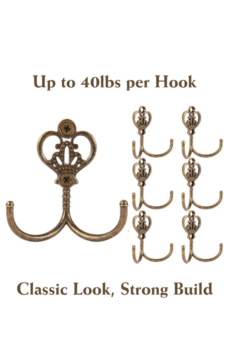 6-Piece Crown Vintage Wall Hooks – Double Prong Zinc Alloy Coat Hangers with Screws, Retro Bronze, 7.2×7cm, Holds up to 40lbs - Image 1
