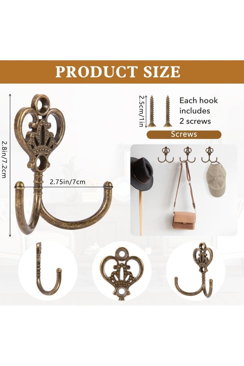 6-Piece Crown Vintage Wall Hooks – Double Prong Zinc Alloy Coat Hangers with Screws, Retro Bronze, 7.2×7cm, Holds up to 40lbs - Image 2