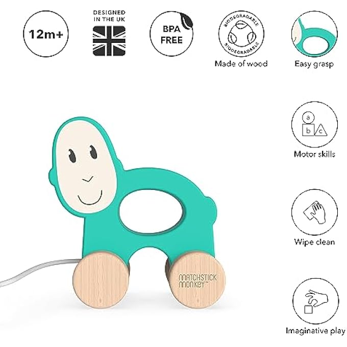 , PLAYTIME WOODEN PULL ALONG TOY, RACE OR PUSH TO ENCOURAGE IMAGINATIVE AND CREATIVE PLAY, EASY GRIP, 12 MONTHS OLD+, GREEN - Image 3