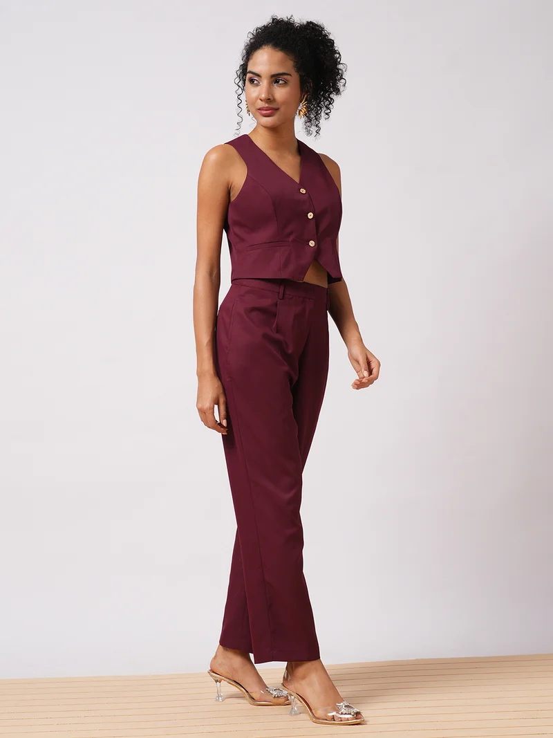 globus Women Maroon V-Neck Sleeveless Waistcoat With Pleated Trousers