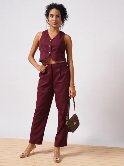 globus Women Maroon V-Neck Sleeveless Waistcoat With Pleated Trousers