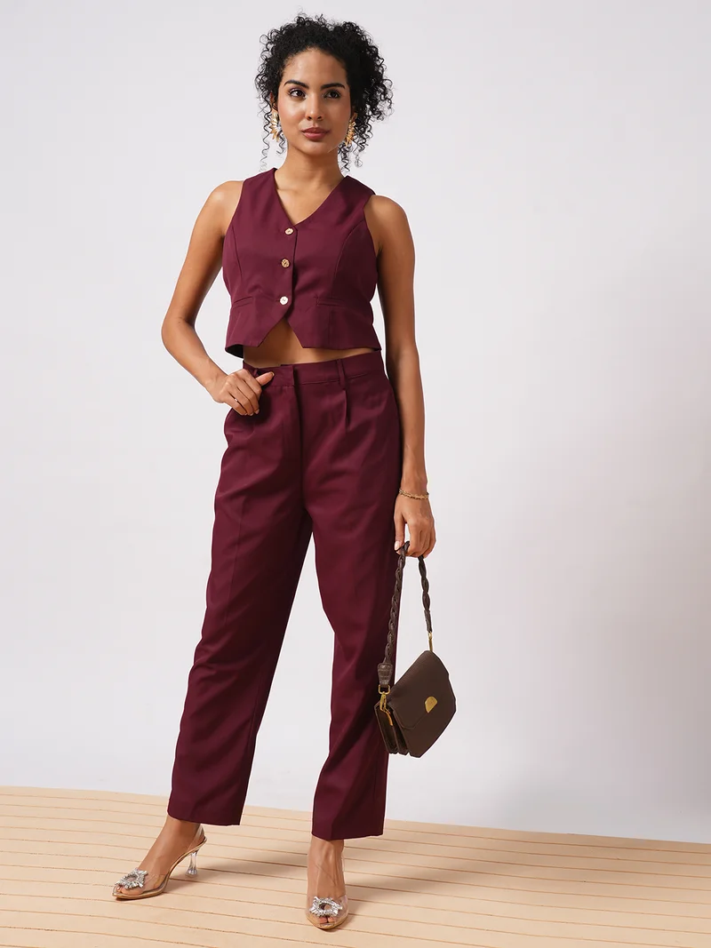 globus Women Maroon V-Neck Sleeveless Waistcoat With Pleated Trousers