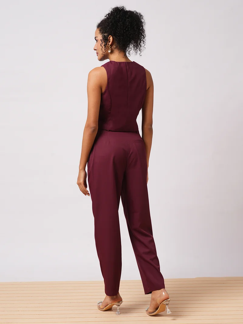 globus Women Maroon V-Neck Sleeveless Waistcoat With Pleated Trousers
