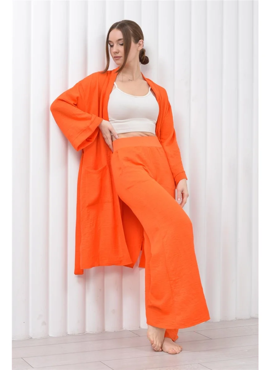 نوسيل Women's Linen Pocket Belted Long Kimono-Pants Two Piece Set Orange