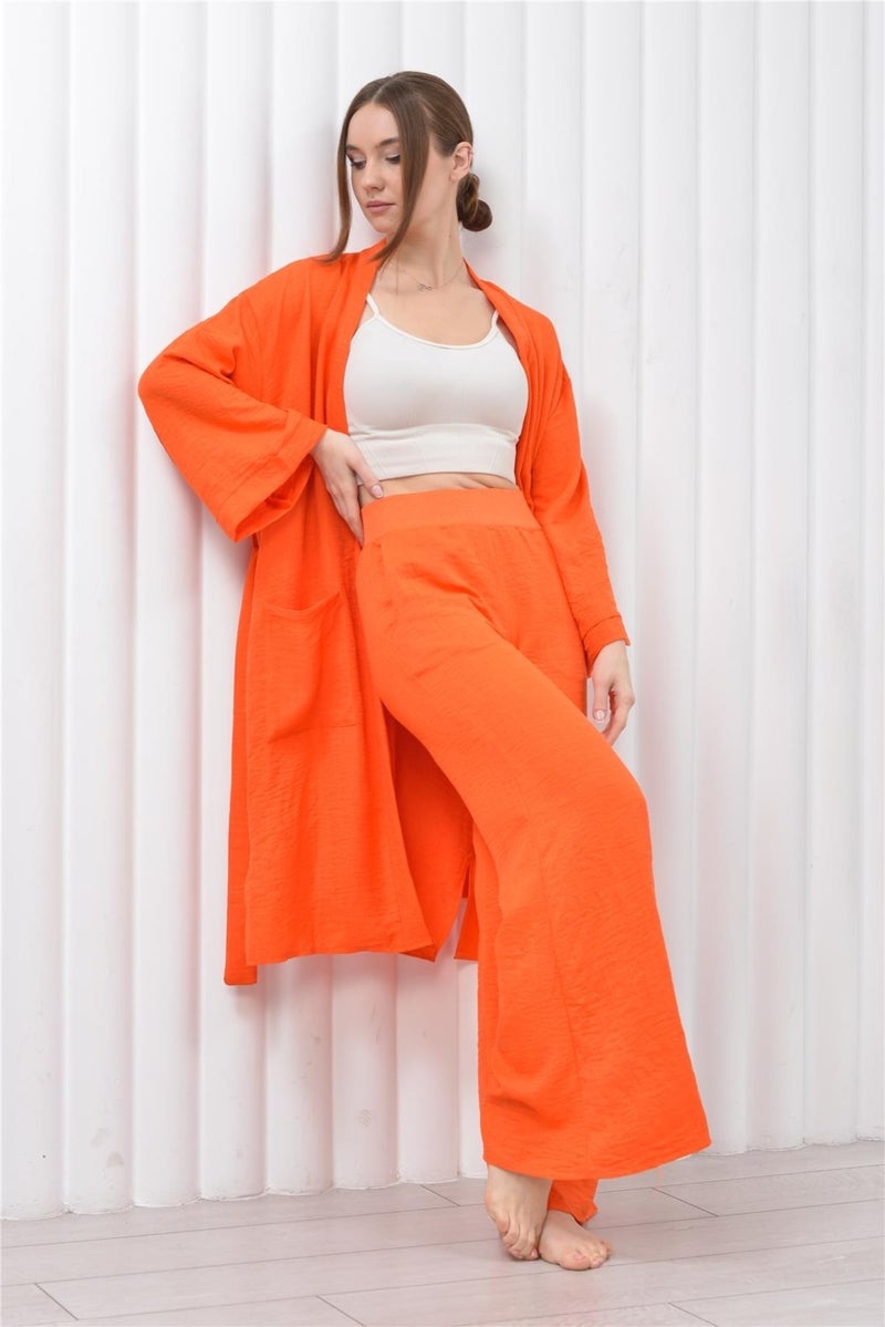 Nuseel Women's Linen Pocket Belted Long Kimono-Pants Two Piece Set Orange  - Image 2