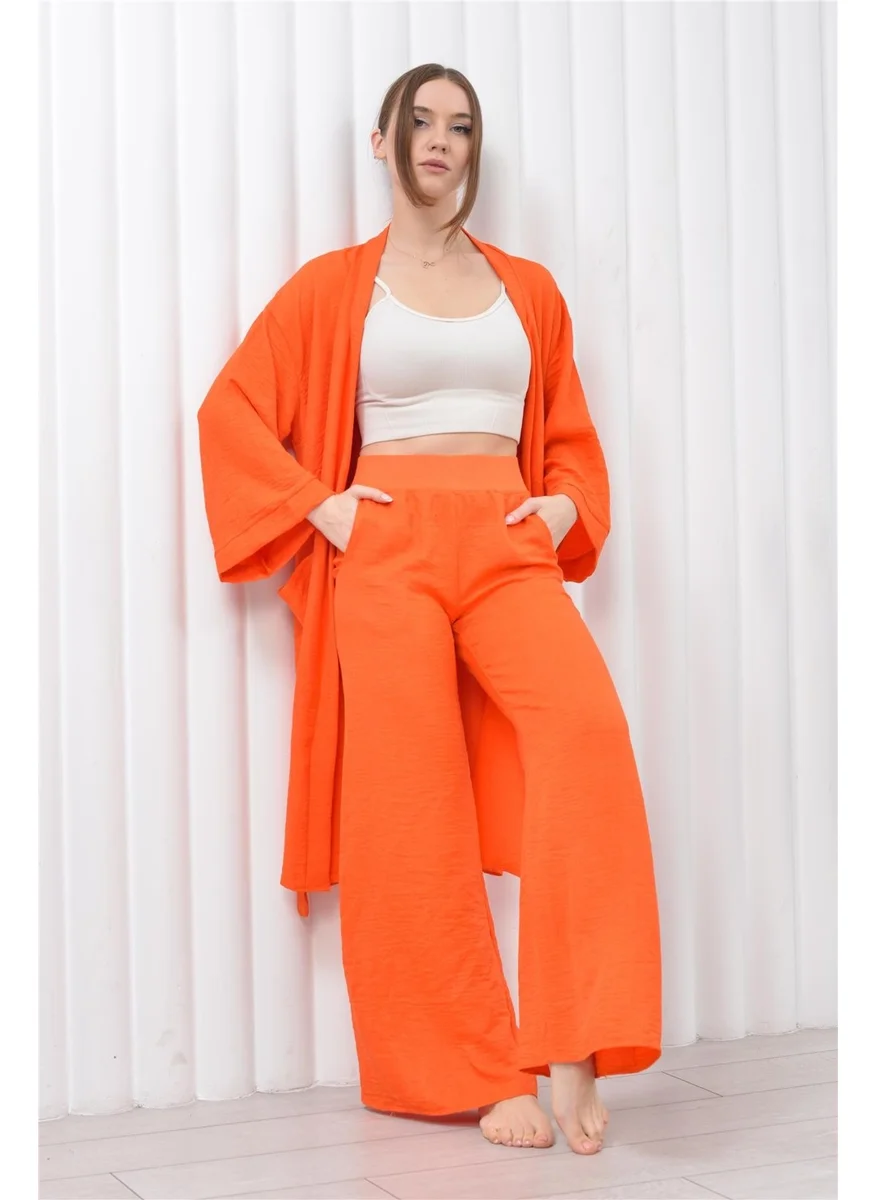 نوسيل Women's Linen Pocket Belted Long Kimono-Pants Two Piece Set Orange