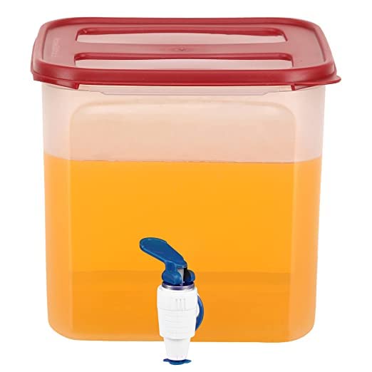 SIMPARTE Dispenser Jar for Juice Drinks Water Office Restaurant with Spigot Square Shape Container and Wide Mouth Allows Easy Filling 45L Capacity with Dark Red Lid Blue Tap - Image 1