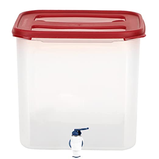 SIMPARTE Dispenser Jar for Juice Drinks Water Office Restaurant with Spigot Square Shape Container and Wide Mouth Allows Easy Filling 45L Capacity with Dark Red Lid Blue Tap - Image 5