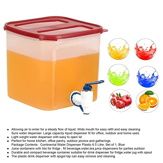 SIMPARTE Dispenser Jar for Juice Drinks Water Office Restaurant with Spigot Square Shape Container and Wide Mouth Allows Easy Filling 45L Capacity with Dark Red Lid Blue Tap - Image 4