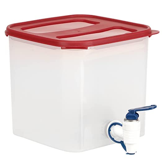 SIMPARTE Dispenser Jar for Juice Drinks Water Office Restaurant with Spigot Square Shape Container and Wide Mouth Allows Easy Filling 45L Capacity with Dark Red Lid Blue Tap - Image 2