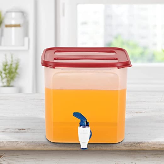 SIMPARTE Dispenser Jar for Juice Drinks Water Office Restaurant with Spigot Square Shape Container and Wide Mouth Allows Easy Filling 45L Capacity with Dark Red Lid Blue Tap - Image 3