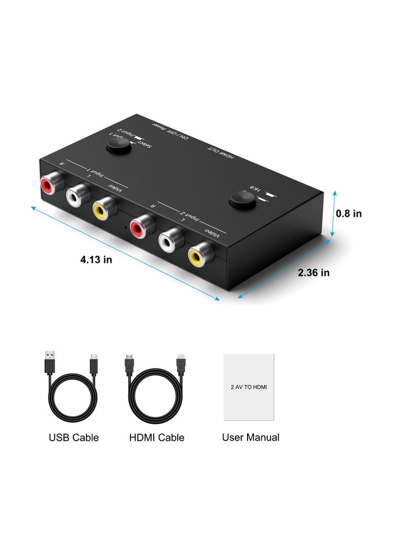 2 AV to HDMI Converter, 1080P/720P 2 Port RCA Composite CVBS AV Switch to HDMI Converter Adapter Support 4:3/16:9 Switching, for TV PC PS2 PS3 N64 NGC SNES WII VHS VCR Camera DVD-Black - Image 3