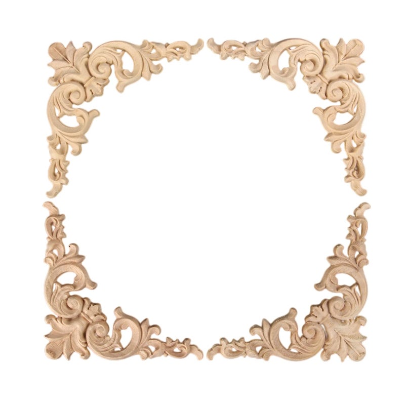 MUXSAM 4-Pack Wood Applique Onlay, Unpainted Wooden Carved Corner Decals, Retro Carvings Embellishments for Door Cabinet Bed Wall Mantel Mirror Wardrobe Cupboard Dresser Upgrade, 12x12cm/4.7x4.7in