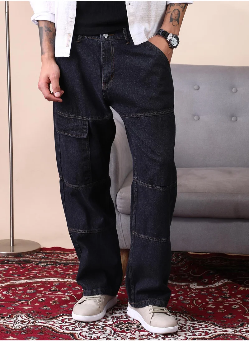 Campus Sutra Campus Sutra Men's Dark Blue Panelled-Utility Denim Jeans For Casual Wear | Mid-Rise | Straight Fit | Button Closure | Denim Jeans Crafted With Comfort Fit For Everyday Wear