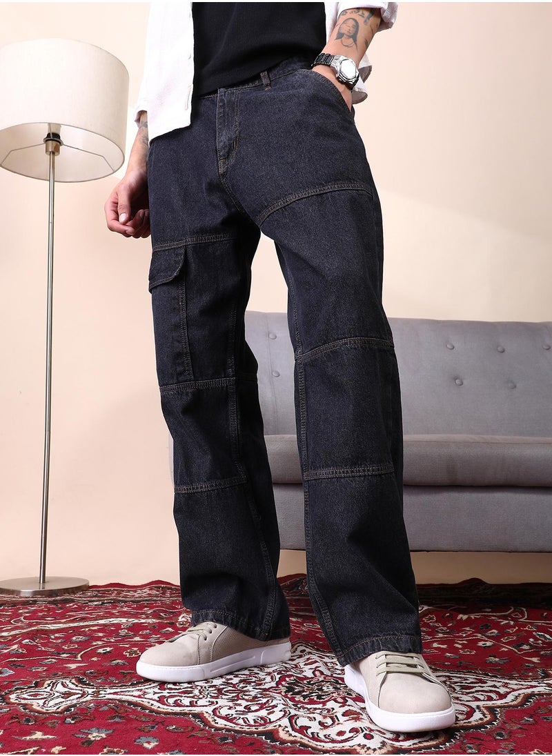 Campus Sutra Campus Sutra Men's Dark Blue Panelled-Utility Denim Jeans For Casual Wear | Mid-Rise | Straight Fit | Button Closure | Denim Jeans Crafted With Comfort Fit For Everyday Wear  - Image 1