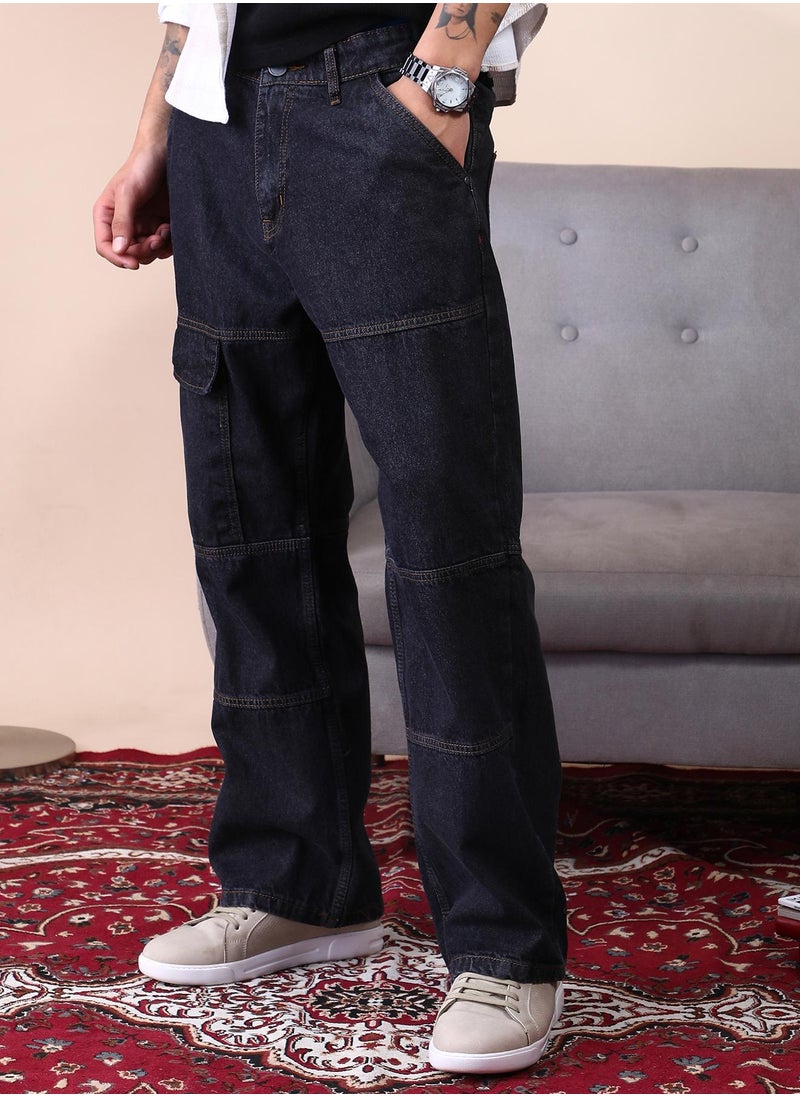 Campus Sutra Campus Sutra Men's Dark Blue Panelled-Utility Denim Jeans For Casual Wear | Mid-Rise | Straight Fit | Button Closure | Denim Jeans Crafted With Comfort Fit For Everyday Wear  - Image 3