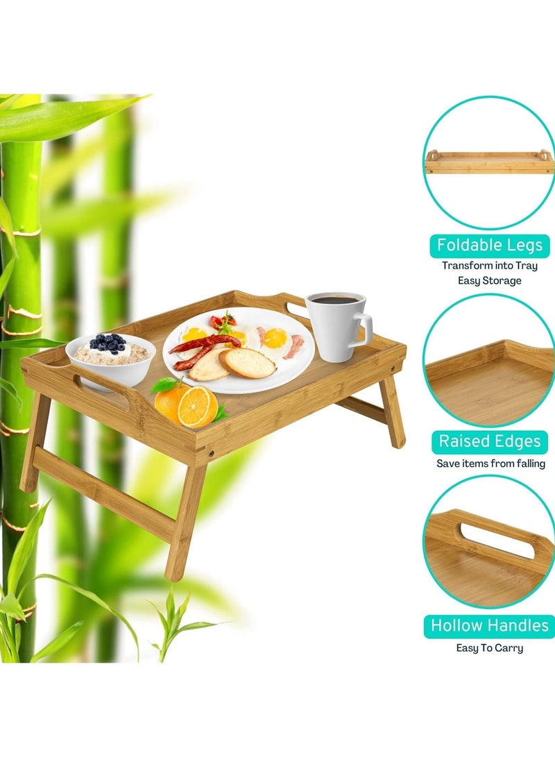 طاولة إفطار خشبية من الخيزران للسرير بقاعدة قابلة للطي - Image 4